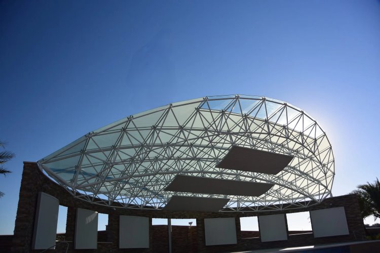 Larger Grid Spaceframe Canopy | Translucent Point supported Glass Shade and Shelter 